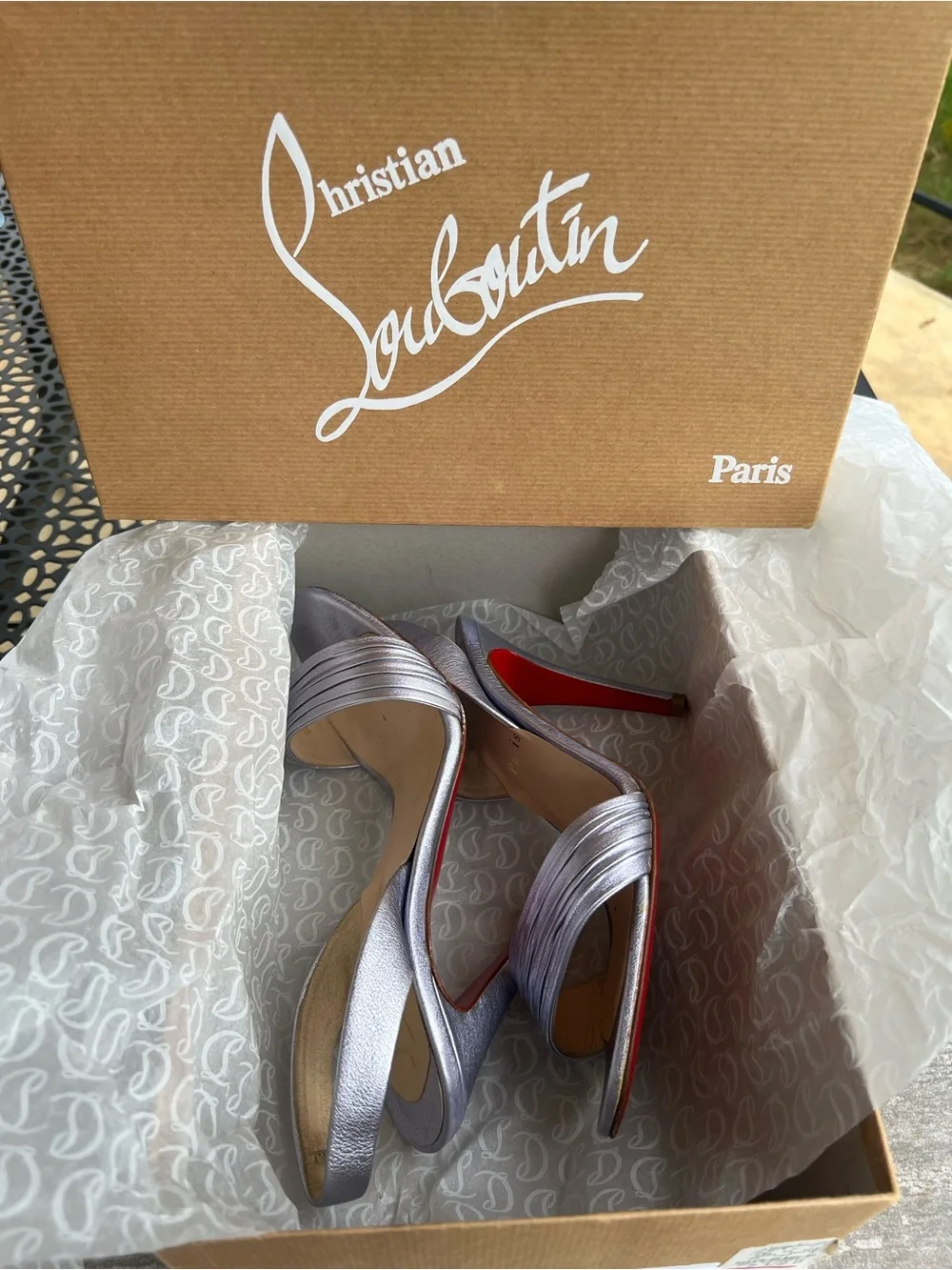 Christian Louboutin Marie Pli100 Silver Metallic Calf Laminato Leather Slingback